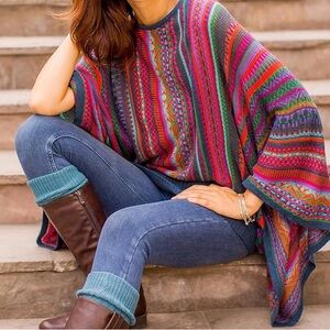 Novica Poncho Sweater Womens Large XL Multicolor Alpaca Blend Striped Pink